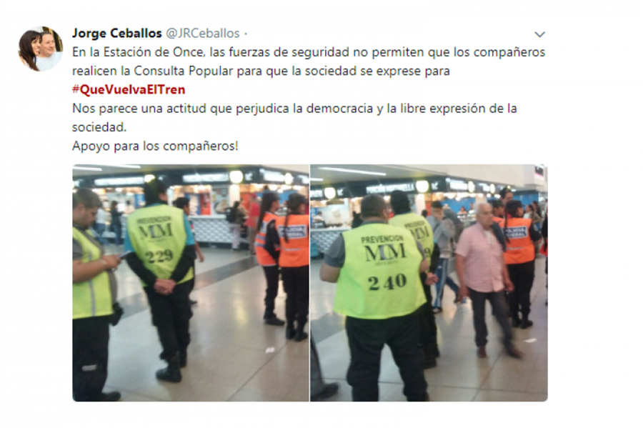 #QueVuelvaElTren: Ceballos denunció que la Federal intentó suspender la consulta popular