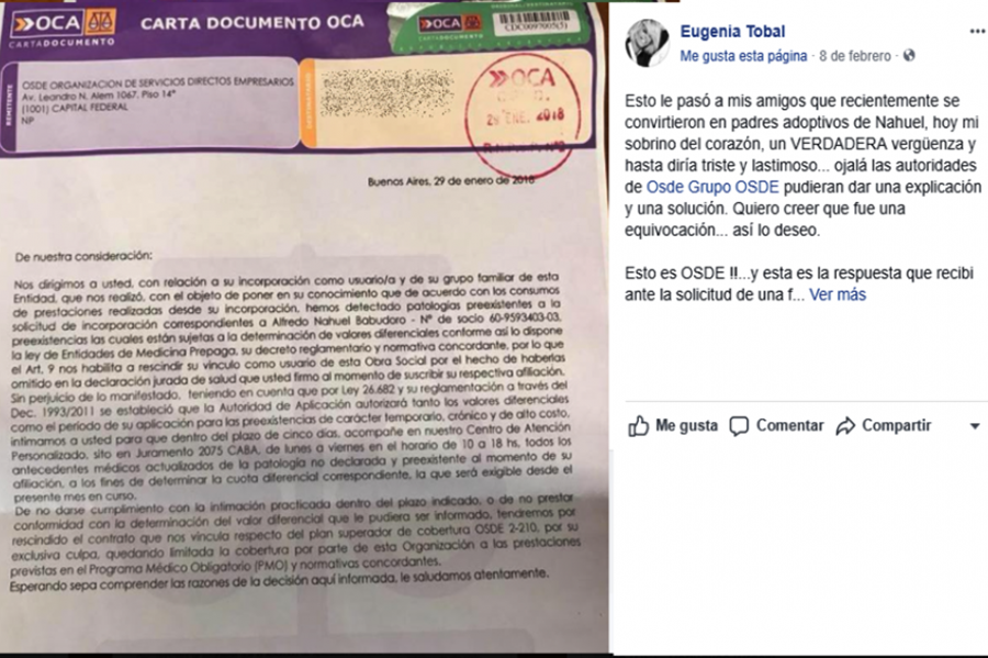 Eugenia Tobal y su reclamo a Osde en las redes: "Ojalá nadie más tenga que pasar por esto"