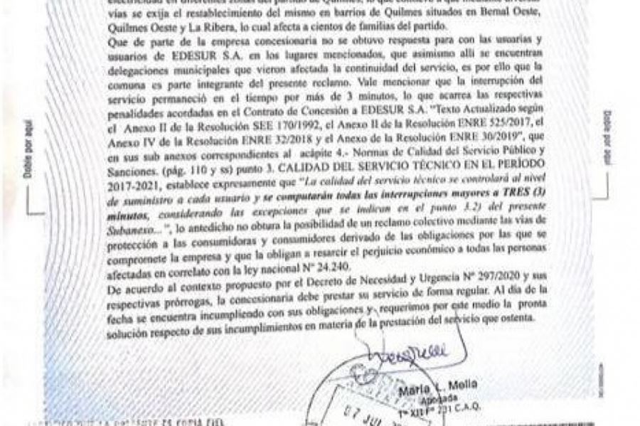 Mayra Mendoza presentó una carta documento a la empresa Edesur por los reiterados cortes de servicio